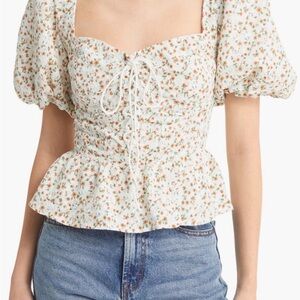 ASTR the Label Floral Puff Sleeve Lace-Up Corset Crop Top